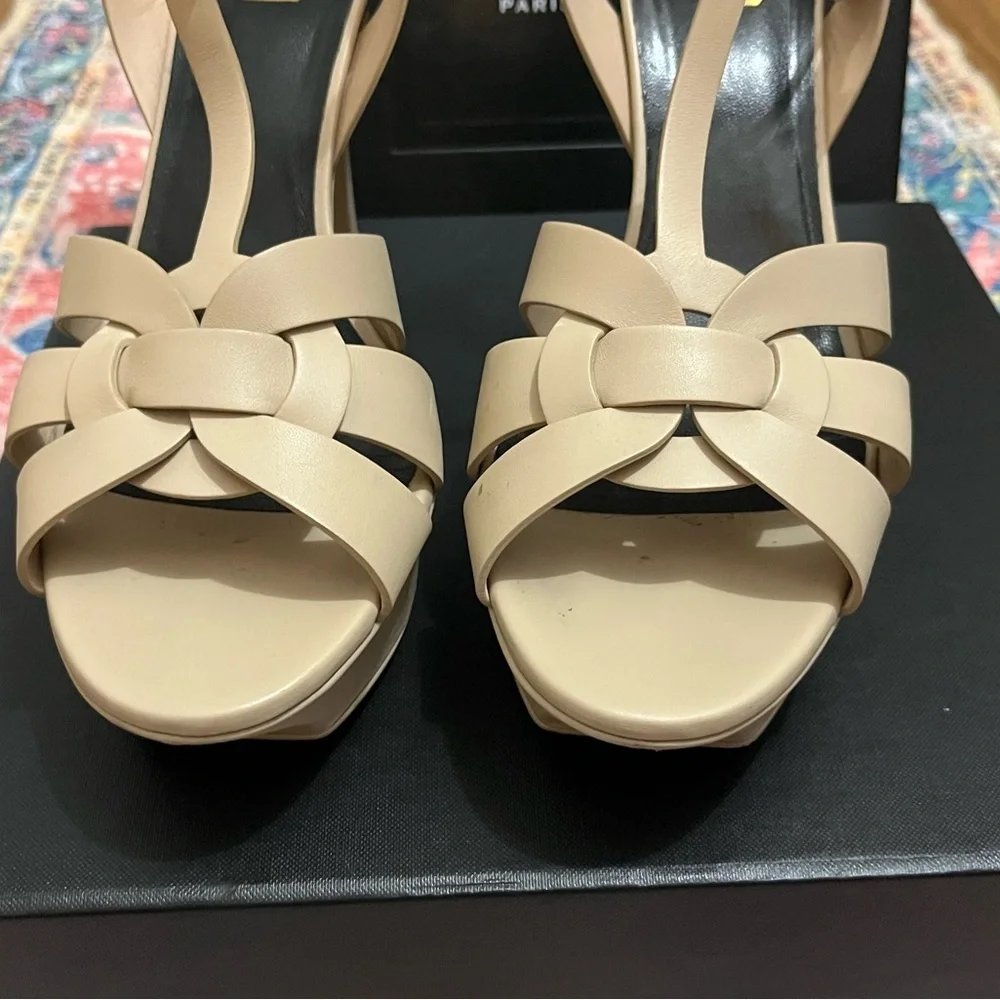 Saint Laurent Tribute Nude Powder 75MM Leather Platform Sandals - Picture 7 of 11